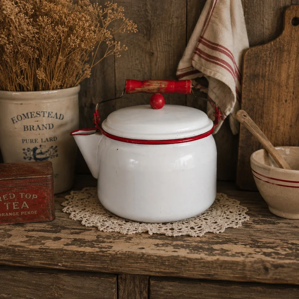 🏕️🚙Enamelware Kettle Coffee Pot White Red Wood Handle Farmhouse Camp Cowboy